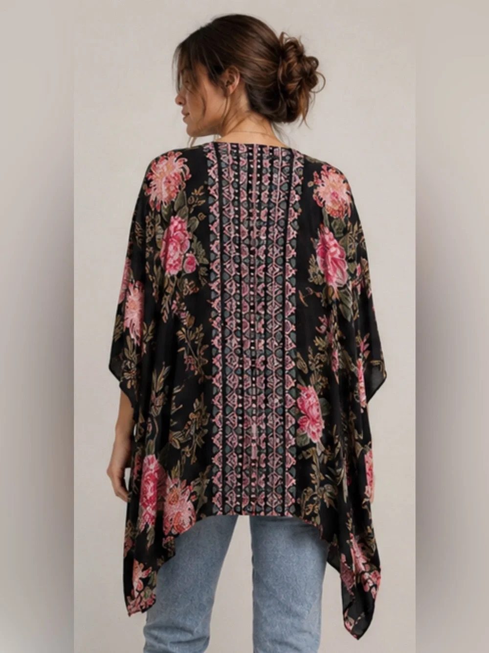 Angie Kimono Womens 2X Black Pink Floral Rayon Boho Open Front Cover Up - Picture 2 of 7